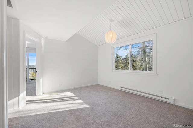 empty room with carpet, lofted ceiling, and a baseboard radiator