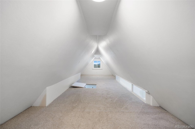 bonus room with light colored carpet and vaulted ceiling