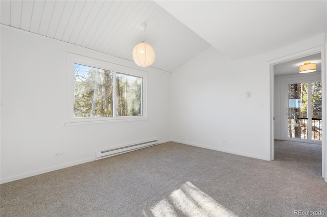 carpeted spare room featuring baseboard heating and lofted ceiling