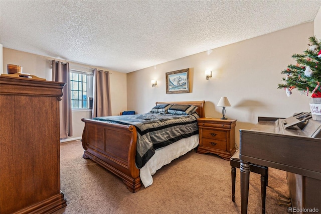 carpeted bedroom with a textured ceiling