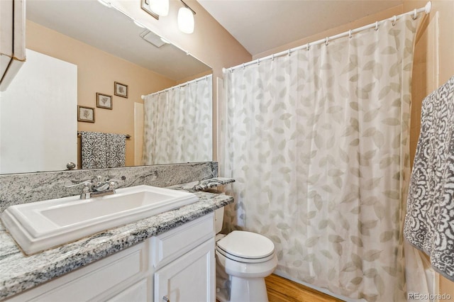 bathroom featuring curtained shower, hardwood / wood-style floors, vanity, and toilet