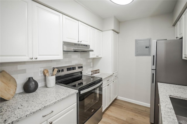 3855 S Monaco St Unit 208, Denver, CO 80237 - kitchen featuring appliances with stainless steel finishes, under cabinet range hood, electric panel, tasteful backsplash, and light wood finished floors