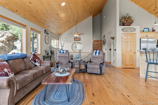 living room with wood ceiling, light hardwood / wood-style flooring, high vaulted ceiling, and ceiling fan