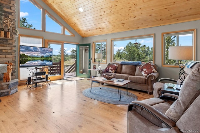 living room with high vaulted ceiling, light hardwood / wood-style flooring, and wooden ceiling