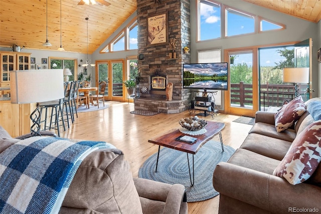 living room with ceiling fan, high vaulted ceiling, wood ceiling, and light hardwood / wood-style floors