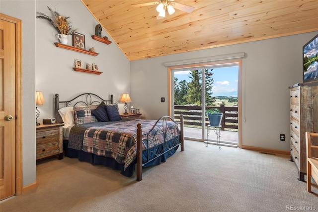 bedroom with lofted ceiling, access to exterior, light carpet, and wooden ceiling