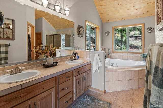 bathroom featuring tile patterned floors, lofted ceiling, wood ceiling, shower with separate bathtub, and vanity