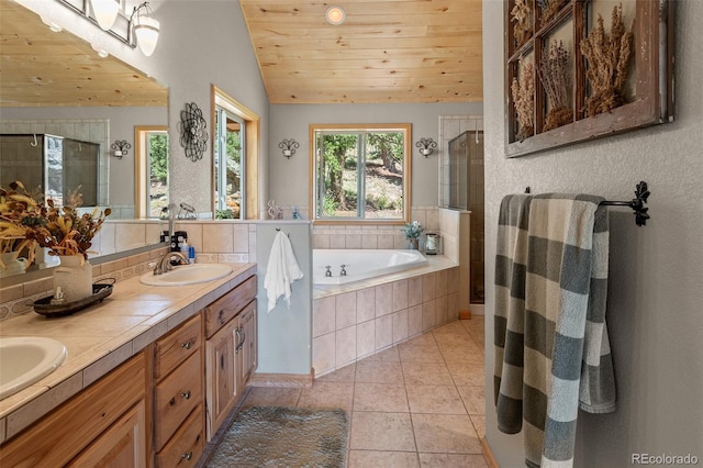 bathroom featuring wood ceiling, lofted ceiling, plus walk in shower, and tile patterned flooring