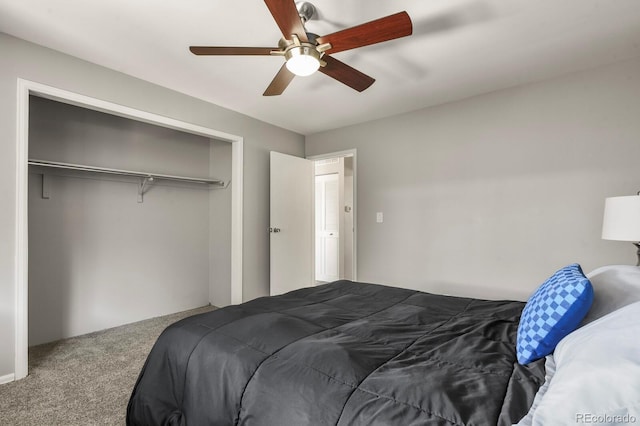 bedroom featuring carpet floors, a closet, and a ceiling fan