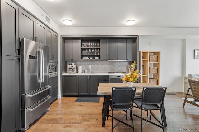 1750 Wewatta St Unit 525, Denver, CO 80202 - kitchen with appliances with stainless steel finishes, backsplash, open shelves, and light wood-style flooring