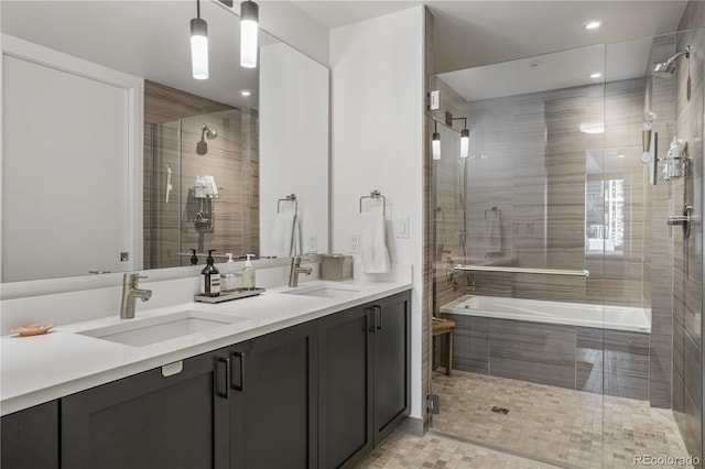 1750 Wewatta St Unit 525, Denver, CO 80202 - full bath with double vanity, a shower stall, and recessed lighting