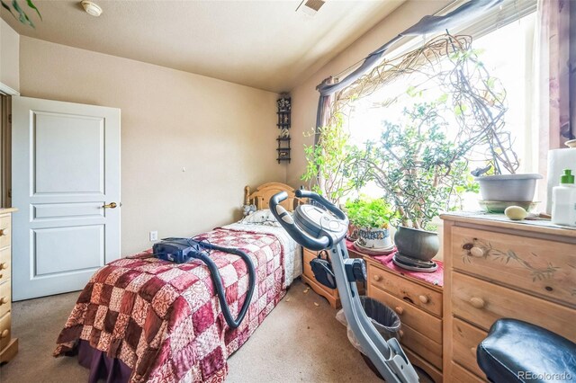 bedroom featuring light carpet, multiple windows, and visible vents