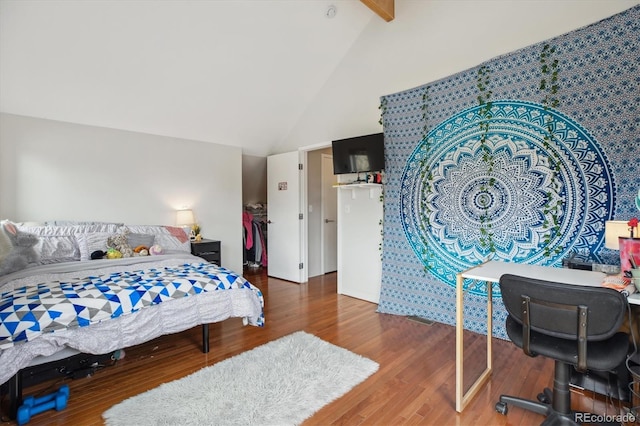 190 W Archer Pl, Denver, CO 80223 - bedroom featuring high vaulted ceiling, beam ceiling, and wood finished floors