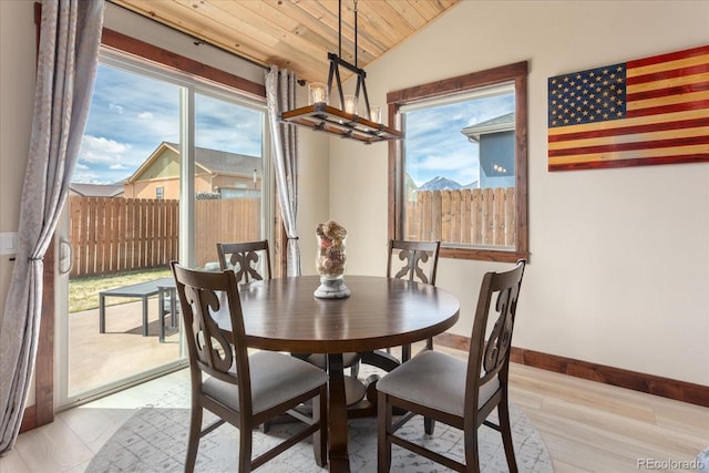 dining area with baseboards, wood ceiling, plenty of natural light, and vaulted ceiling