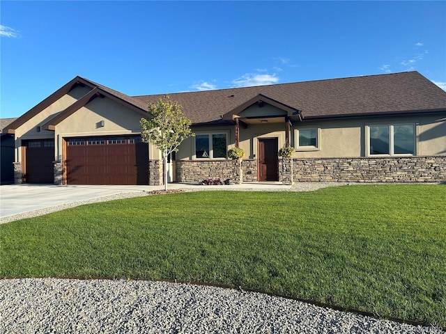view of front of house featuring a front lawn, stone siding, stucco siding, and an attached garage