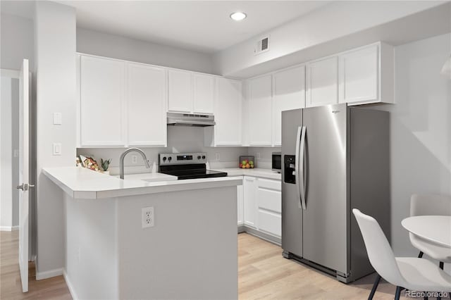 4385 S Balsam St Unit 5-104, Littleton, CO 80123 - kitchen with stainless steel fridge with ice dispenser, electric range oven, under cabinet range hood, a peninsula, and white cabinets