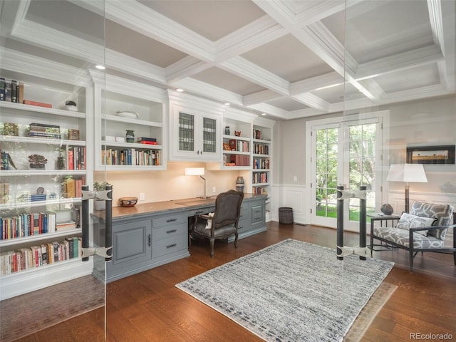 home office featuring built in desk, beamed ceiling, coffered ceiling, and dark wood finished floors