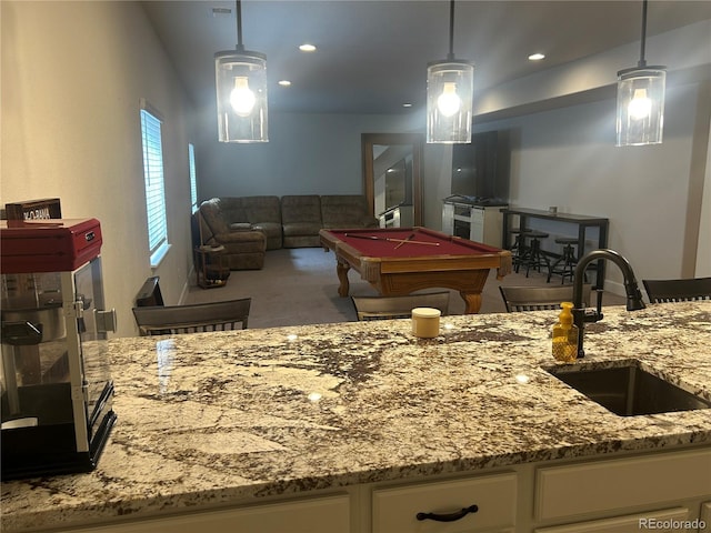 recreation room with a sink, billiards table, carpet flooring, and recessed lighting
