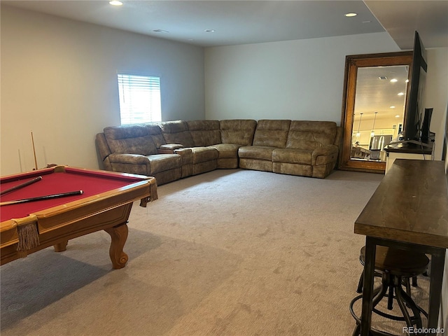 rec room with carpet floors, recessed lighting, and billiards
