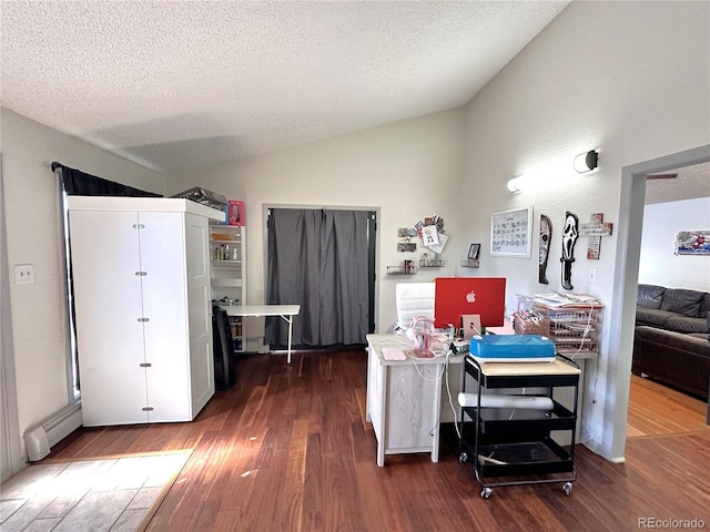 interior space featuring a textured ceiling, dark hardwood / wood-style flooring, lofted ceiling, and a baseboard heating unit