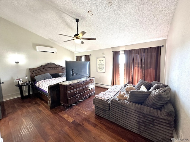 bedroom featuring dark hardwood / wood-style flooring, a textured ceiling, a wall unit AC, ceiling fan, and a baseboard radiator