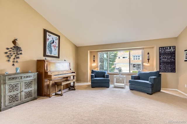 9229 Sugarstone Cir, Highlands Ranch, CO 80130 - living area with carpet flooring, vaulted ceiling, and baseboards