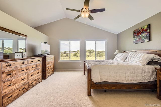 9229 Sugarstone Cir, Highlands Ranch, CO 80130 - bedroom featuring light carpet, lofted ceiling, a ceiling fan, and baseboards