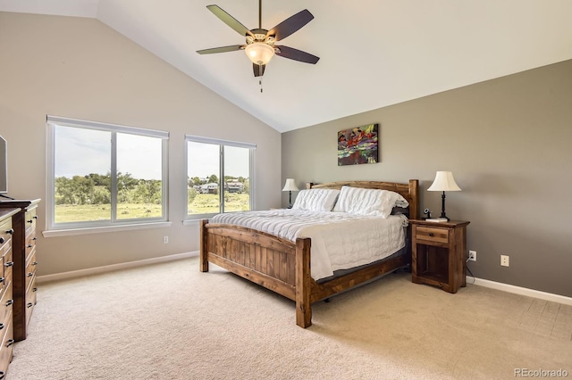 9229 Sugarstone Cir, Highlands Ranch, CO 80130 - bedroom featuring lofted ceiling, light colored carpet, baseboards, and a ceiling fan