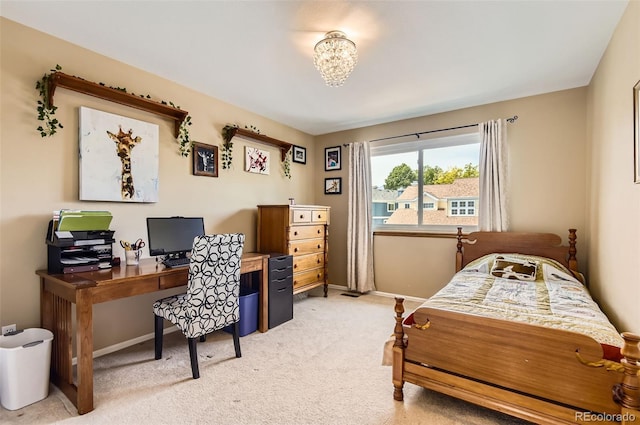 9229 Sugarstone Cir, Highlands Ranch, CO 80130 - bedroom featuring light colored carpet, an office area, baseboards, and a chandelier