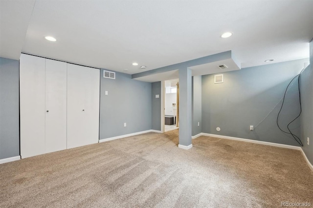 1610 Trenton St, Denver, CO 80220 - finished basement featuring visible vents, recessed lighting, and carpet