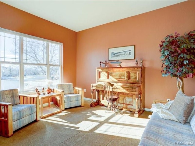 sitting room featuring carpet and baseboards