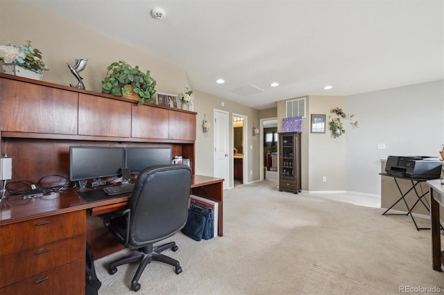 office area with recessed lighting, visible vents, baseboards, and light colored carpet