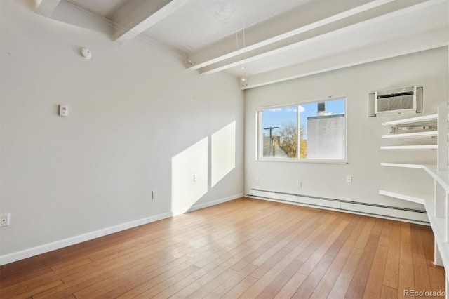 unfurnished room with a wall mounted air conditioner, wood-type flooring, a baseboard heating unit, and beam ceiling