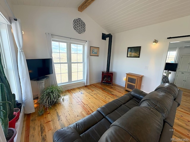 601 N Wood St, Silver Cliff, CO 81252 - living area featuring hardwood / wood-style floors, a wood stove, baseboards, and a wall mounted air conditioner