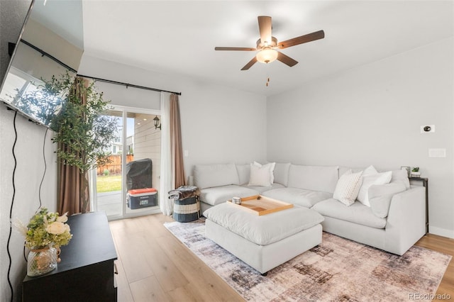 living area with ceiling fan and light wood-style floors