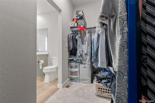 walk in closet with wood finished floors