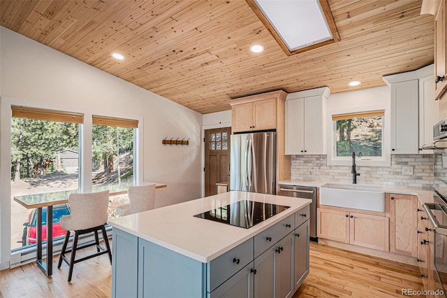 32783 Lodgepole Cir, Evergreen, CO 80439 - kitchen featuring stainless steel appliances, wood ceiling, plenty of natural light, a baseboard heating unit, and backsplash