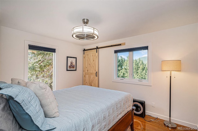 32783 Lodgepole Cir, Evergreen, CO 80439 - bedroom with a barn door and wood finished floors