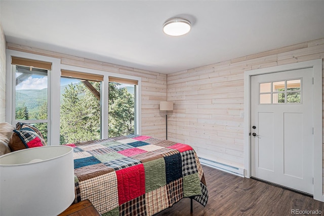 32783 Lodgepole Cir, Evergreen, CO 80439 - bedroom with multiple windows, dark wood-style floors, wood walls, and a baseboard radiator