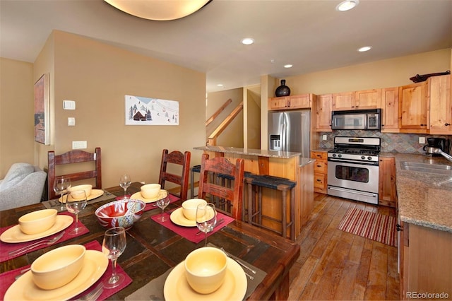 kitchen featuring recessed lighting, stainless steel appliances, dark wood-type flooring, a sink, and tasteful backsplash