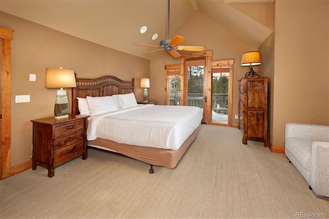 bedroom featuring light carpet, access to exterior, and baseboards