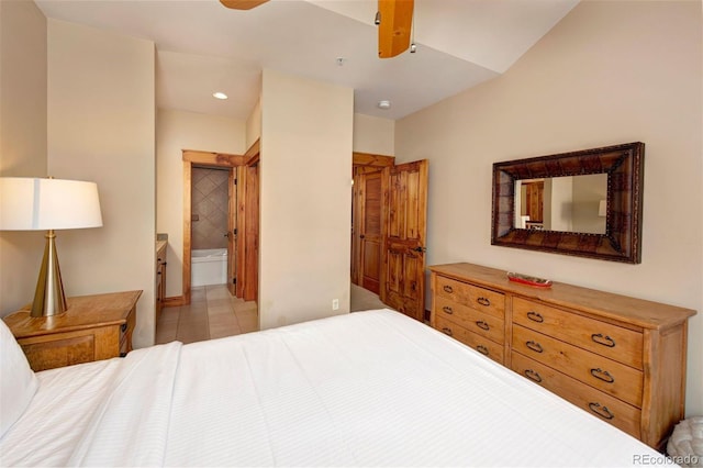 bedroom featuring ensuite bathroom, ceiling fan, light tile patterned flooring, and recessed lighting