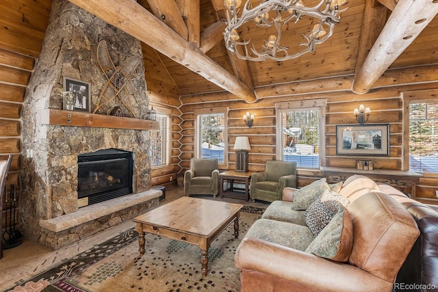 living room featuring a chandelier, wood ceiling, beamed ceiling, a fireplace, and high vaulted ceiling