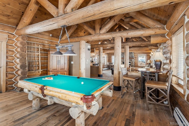 recreation room featuring beamed ceiling, baseboard heating, high vaulted ceiling, billiards, and hardwood / wood-style flooring