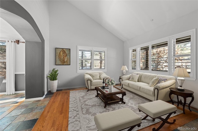 living room with high vaulted ceiling