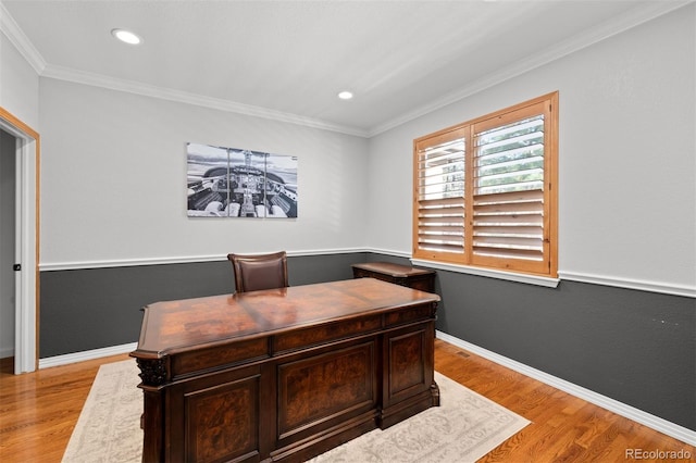 office space featuring light hardwood / wood-style flooring and ornamental molding