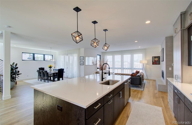 kitchen with a wealth of natural light, sink, light hardwood / wood-style floors, and a center island with sink