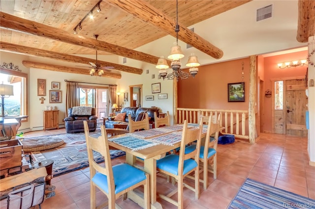 dining room featuring wooden ceiling, beamed ceiling, light tile patterned flooring, and visible vents