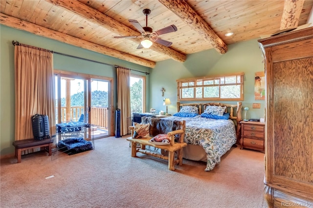 bedroom with carpet flooring, beam ceiling, access to outside, ceiling fan, and wooden ceiling