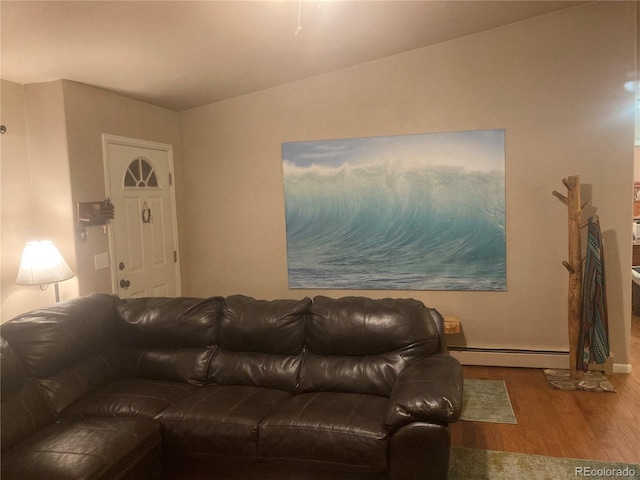 living room featuring hardwood / wood-style floors and baseboard heating